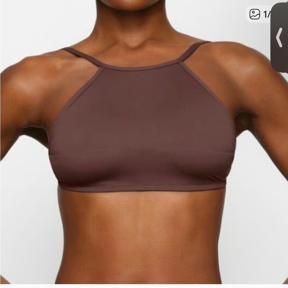 Skims Recycled Swim High Neck Top in Cocoa BROWN Size XL - Picture 1 of 4
